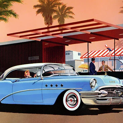 Advertising image for the 1955 Buick Special Cadet. The name comes from the cadet blue metallic paint applied by GM. The Special was the entry level Buick, at that time.