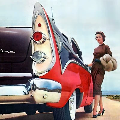Detail from a 1956 Dodge advertisement showing car tail lights and "fins" demonstrating the influence of the "space age" on automobile design.