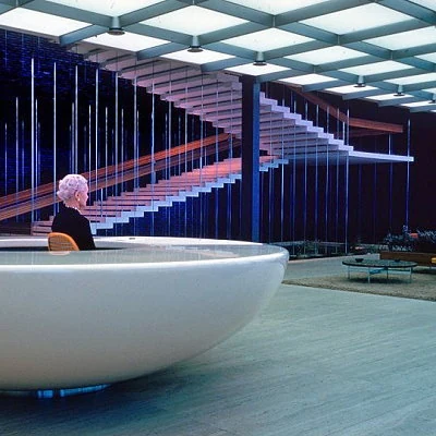 The lobby of the new GM Technical Center showing "Mid-Century" modern architectural design.