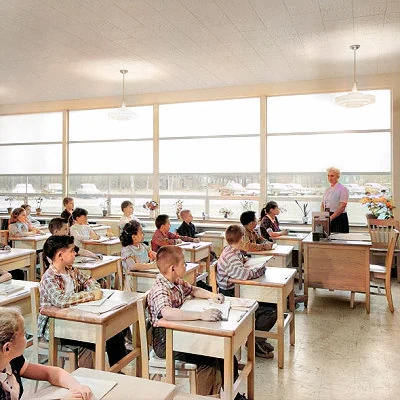 The increase in the birth rate following World War ll (the Baby Boom) drives suburban expansion and the need for new schools in the 1950's. This 1956 classroom scene is from a new elementary school in suburban Long Island, New York.