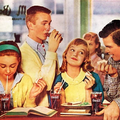 1956 Coca Cola advertisement with idealized depiction of American teen culture.