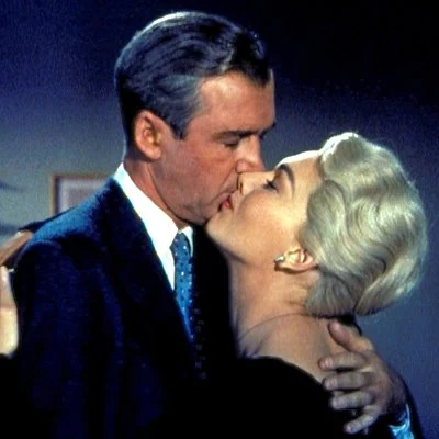 James Stewart and Kim Novak star in the 1958 film Vertigo, directed by Alfred Hitchcock.