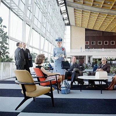 An airport lobby showing mid century modern design influences.