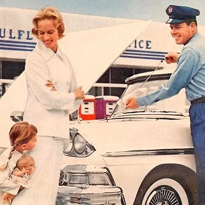 Full service gas station ad for Gulf Oil 1959.
