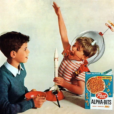 1959 advertisement for Post Alpha Bits cereal showing the influence of the 50's space race.