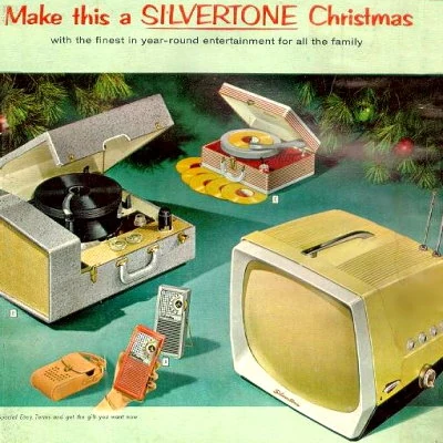 Portable entertainment options advertised by Silvertone including transistor radios, portable TVs and record players.