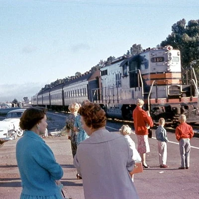 Passenger train arrival in San Mateo, California.