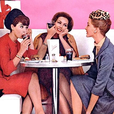 1962 Coca Cola advertisement showing women taking a break from shopping to enjoy a coke. A random Bob Dylan reference - note the woman with the "leopard skin pill box hat".