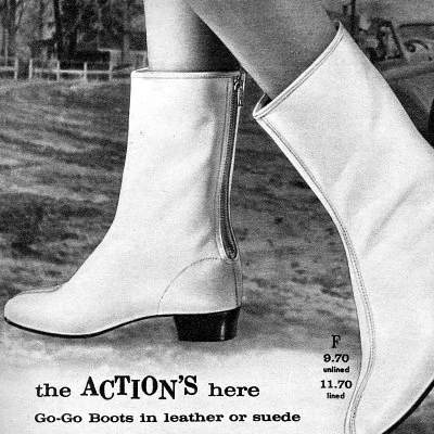 Go-Go boots, first introduced in 1964, continue to be popular. The mini skirt continues to trend upward.