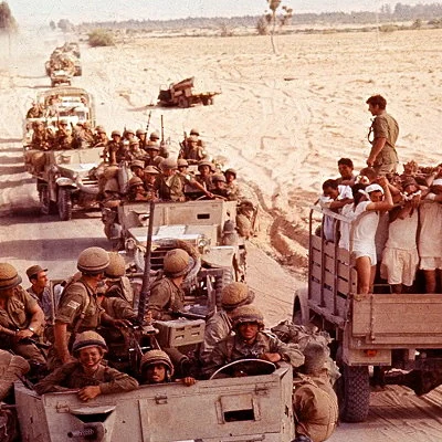 Israel moves in to take land from it's neighbors Syria, Jordan and Egypt, and triples the size of the country in the Six Day War.