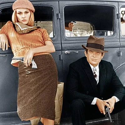 Faye Dunaway and Warren Beatty make crime look glamorous in the hit film Bonnie and Clyde, which is loosely based on the depression era bank robbers Clyde Barrow and Bonnie Parker.