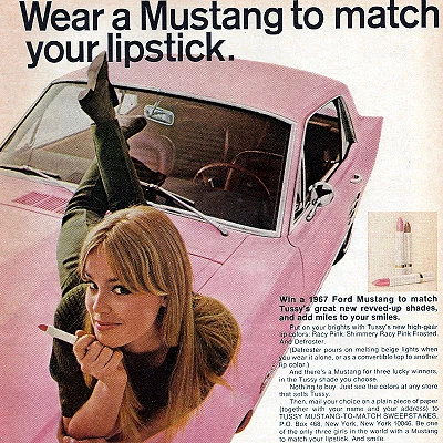 An advertisement for lipstick, along with an offer to win a Ford Mustang.