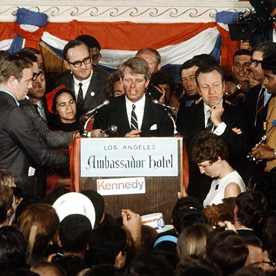 Running for the Democratic Presidential Nomination, Robert Kennedy is assassinated shortly after winning the California Primary.