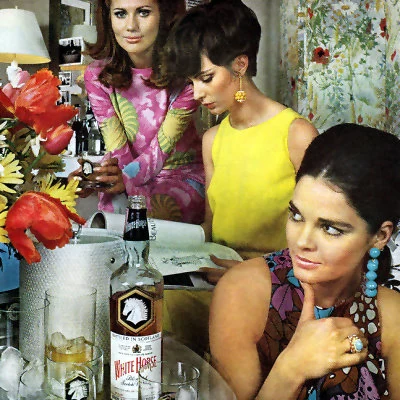 Cocktail party scene from 1969 White Horse advertisement.