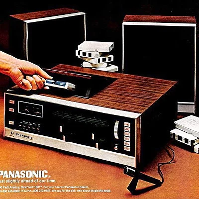 Clocks, televisions and stereo systems encased in simulated woodgrain are the norm in 1970 and well into the late 70's. Shown is an ad for a Panasonic 8-Track Tape recorder.