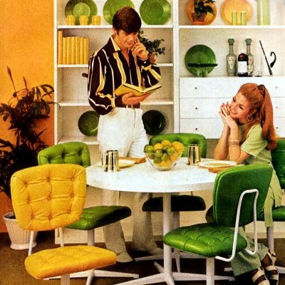 Vinyl chairs in lime green and lemon yellow highlight color trends in this 1971 advertisement.
