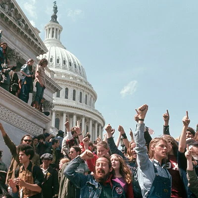 Thousands converge on Washington DC in the 1971 May Day Protest against the Vietnam War. Police and National Guard troops make over 12,000 arrests. A Harris Poll shows over 60% of Americans oppose the war.