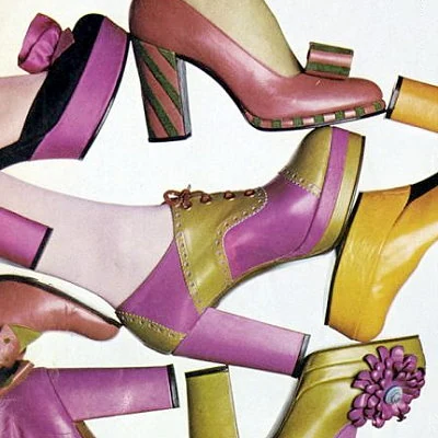 Detail from an advertisement for women's platform shoes. Platform heeled shoes became popular for women and men in the seventies.