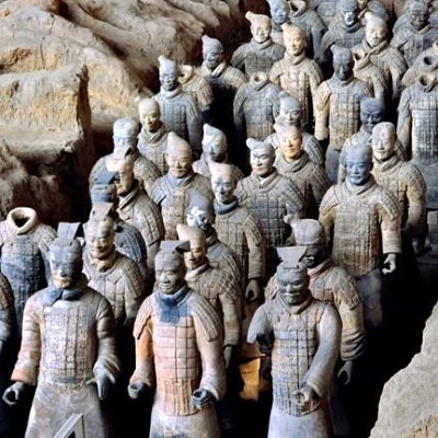 Farmers in China discover terracotta figures buried near Xi'an, China. Archeologists uncover over 8,000 human figures, 520 horses, and 130 chariots buried to protect China's first emperor in the afterlife. Called the Terracotta Army, the figures were buried in 210 BCE.