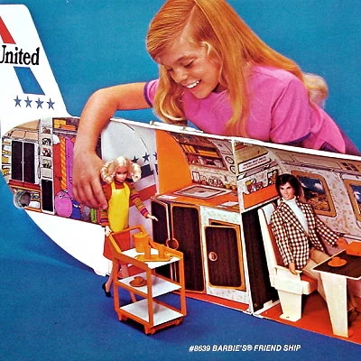 Yes, now Barbie can have a career! Detail from a 1974 ad showing the Barbie "Friend Ship" with Barbie working as an airline stewardess.