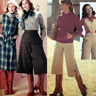 Gaucho pants paired with boots, are a mid-seventies fashion for women.