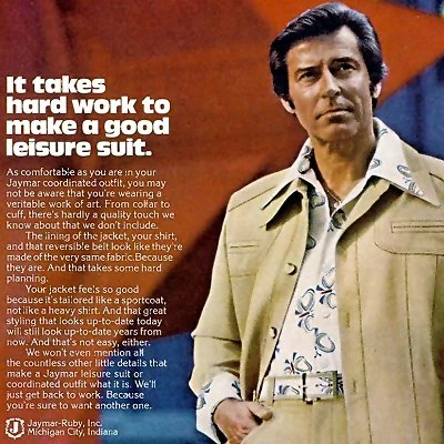 The "leisure suit" is a seventies fashion trend for men.
