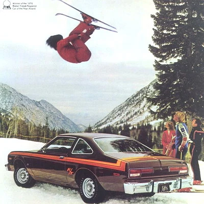 Skier Wayne Wong flips over his Dodge Aspen RT76.