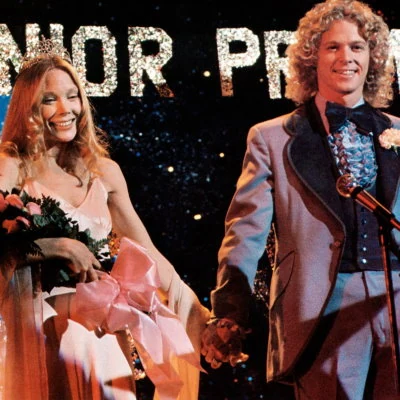 The horror film Carrie features Sissy Spacek as Carrie White, a shy girl who is bullied at school, but uses her telekinetic powers for revenge. The film is based on Stephen King's first novel.
