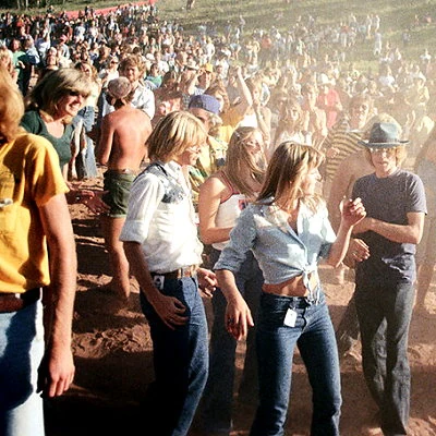 Crowd shot of dancers at an outdoor concert in Aspen, Colorado.
