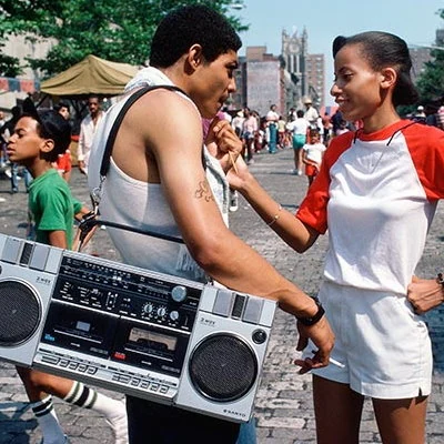Toting a boombox in Manhattan.