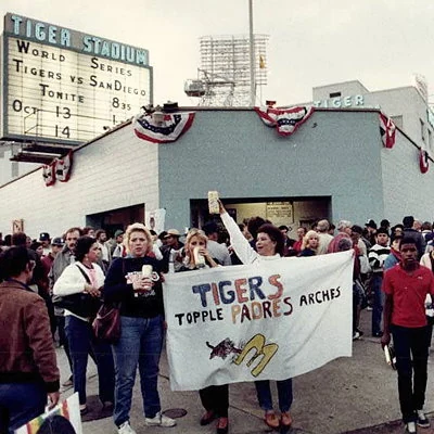 Baseball fans shown outside Detroit's Tigers Stadium during the 1984 World Series. The Tigers defeat the San Diego Padres 4 games to 1 to win the series.