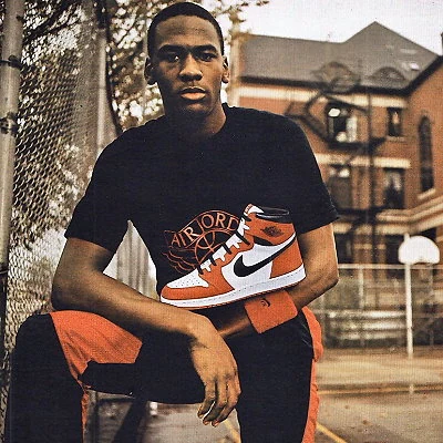 The Chicago Bull's Michael Jordan in an advertisement for the Nike Air Jordan 1 released in 1986.