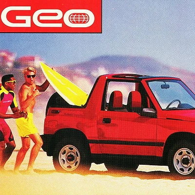 An ad for the Geo Tracker, a mini-SUV developed by Suzuki for the General Motors owned Geo brand.