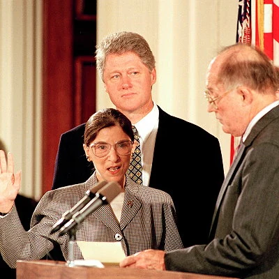 After being nominated by President Bill Clinton, Ruth Bader Ginsburg is sworn in as Associate Justice of the Supreme Court. She would serve on the court until her death in September 2020.