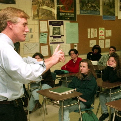 A politician makes a guest appearance at a Portland, Maine high school.